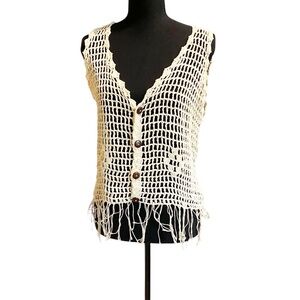 Vintage Crochet Fringe Button Down Vest Size Medium